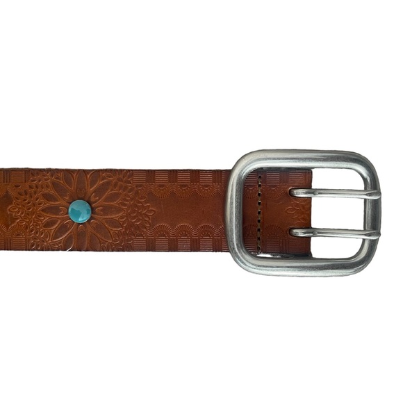 Old Navy Accessories - Old Navy Genuine Leather Belt Floral Cognac Brown Teal 2 Prong Silver Buckle Med